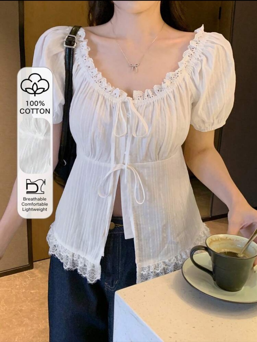 White Lace-Trim Cotton Peasant Top